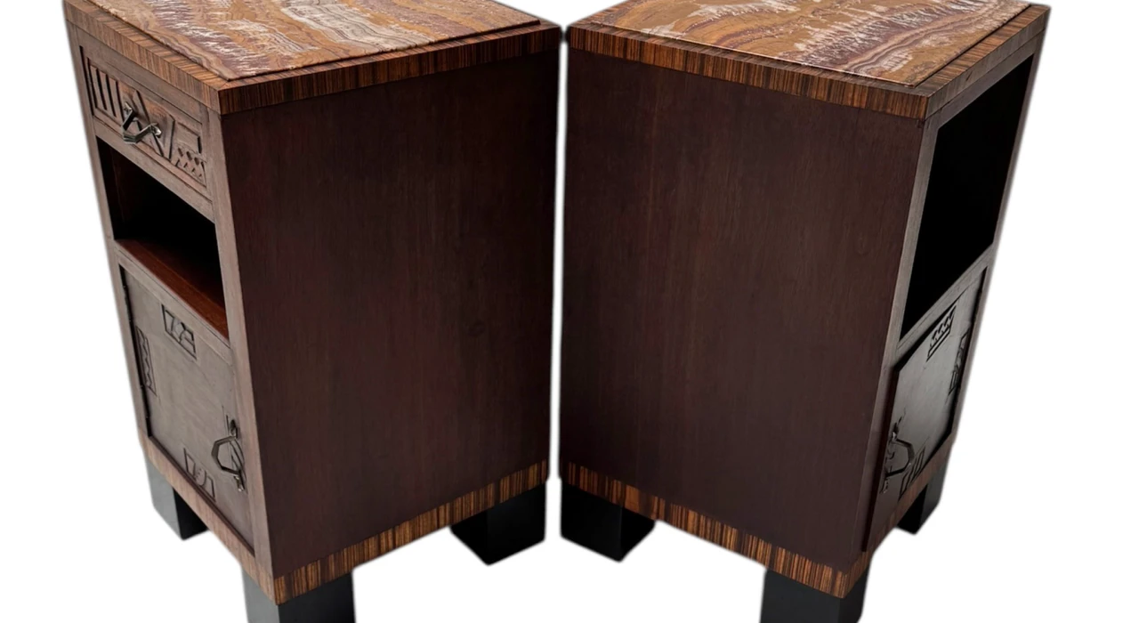 Two Art Deco Nightstands or Bedside Tables with Multi-Colored Marble Tops, 1930s